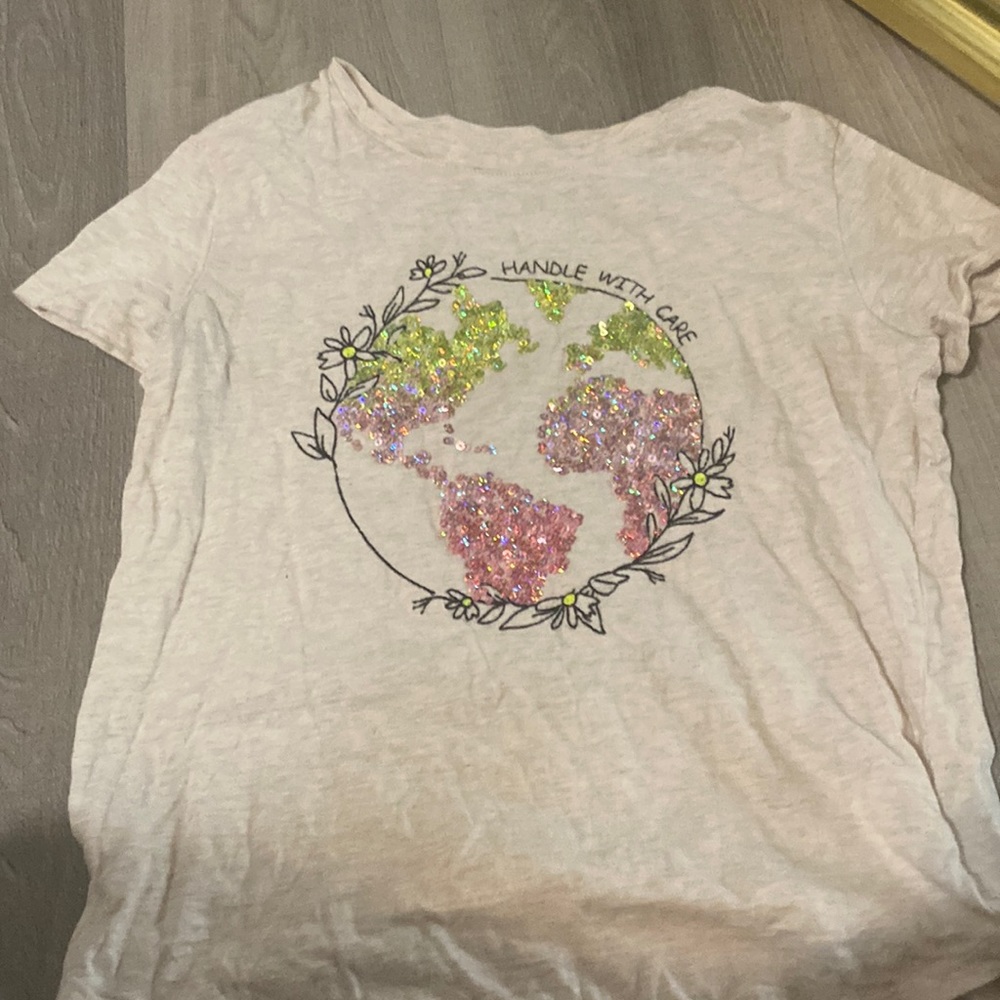 Light khaki colored shirt with pretty colored green purple and pink sequins